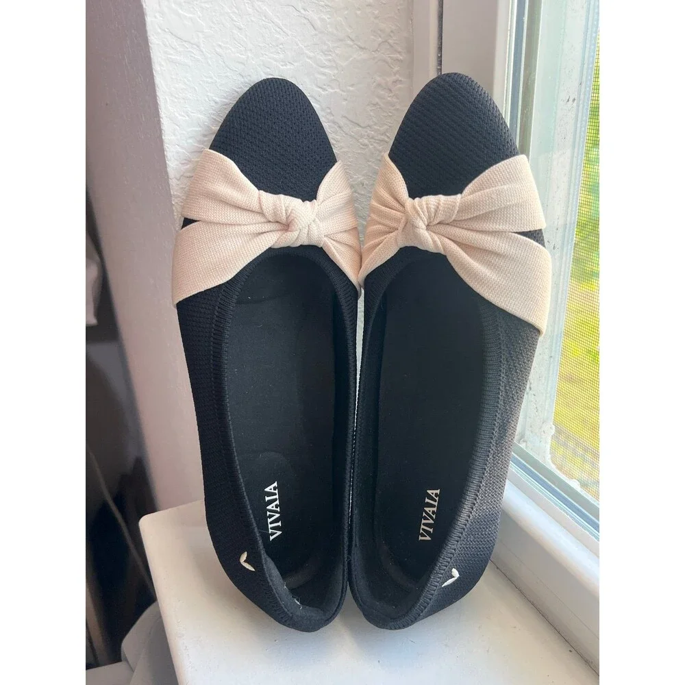 VIVAIA Bibi Almond Toe Knotted Bow Tie Flat Shoes in Black & Cream Women’s 38.5 - Picture 6 of 12